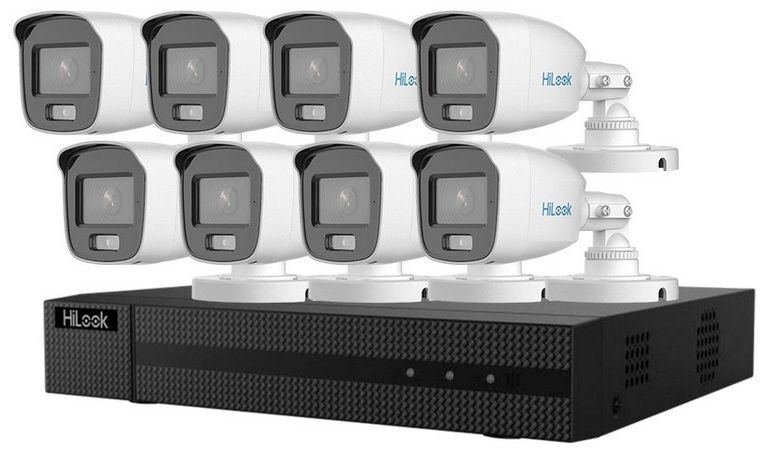 Kit supraveghere cu 8 camere de exterior Hikvision HiLook, 5MP 3K, Iluminare duala Smart, KIT208UM1+8xB159-MS