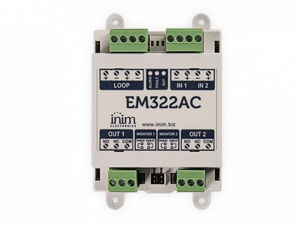 Modul adresabil cu 2 intrari si 2 iesiri Inim EM322AC, releu de supervizare, protocol Enea, izolator inclus, montaj sina DIN, EN54