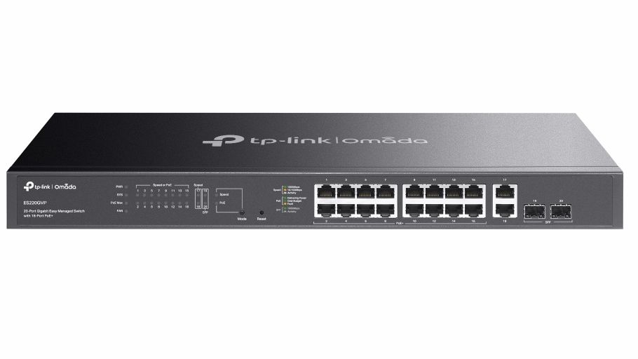 Switch Tp-Link Omada ES220GMP, 20 porturi, 16x Gb RJ45 PoE+, 2x GbRJ45, 2x Gb SFP, 250W, cu management, 250m, metalic, montare in rack