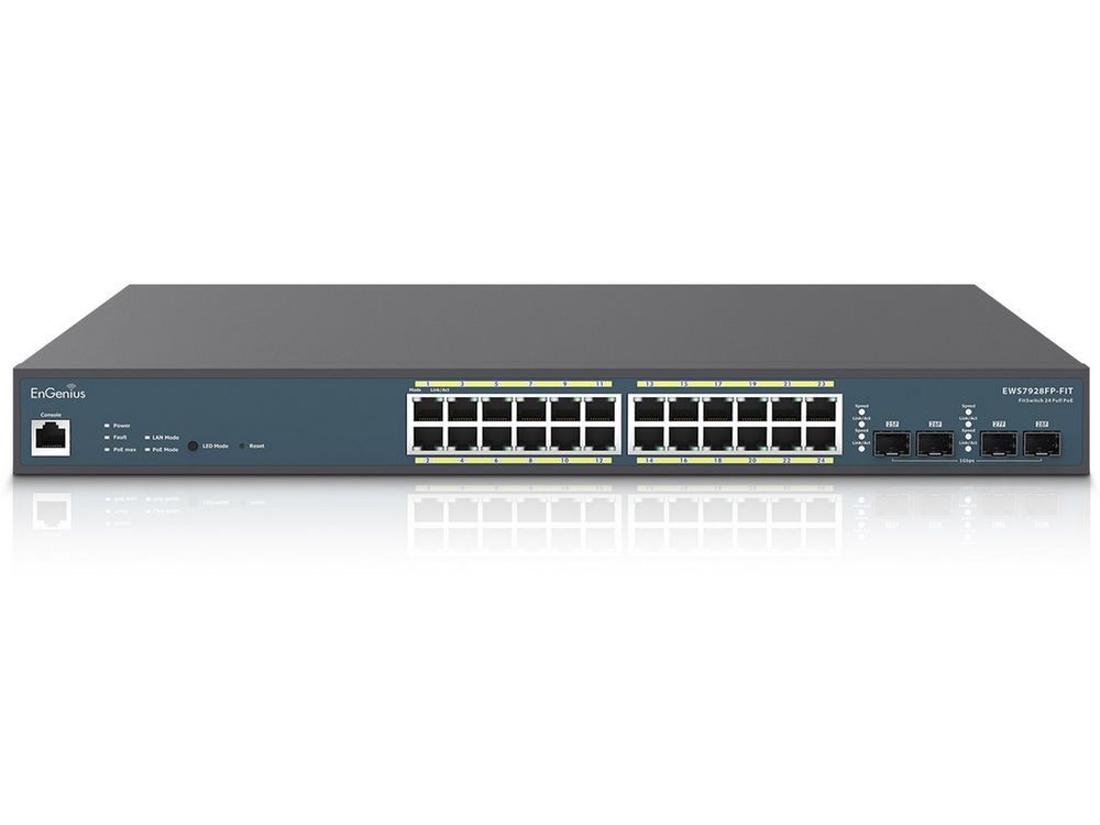 Switch EnGenius EWS7928FP-Fit, 24 porturi Gigabit POE, 4 porturi SFP, 1 port RJ45, putere 410W, 56Gbps, cu management, montare in rack 19"