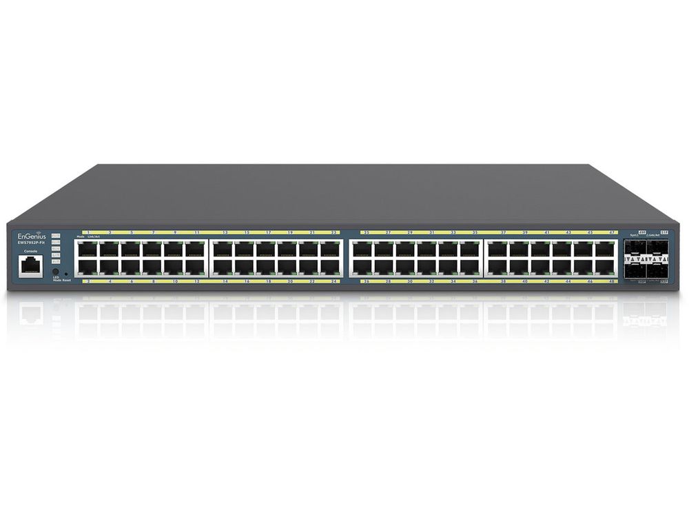 Switch EnGenius EWS7952P-Fit, 48 porturi Gigabit POE, 4 porturi SFP, 1 port RJ45, putere 410W, 104Gbps, cu management, montare in rack 19 inch