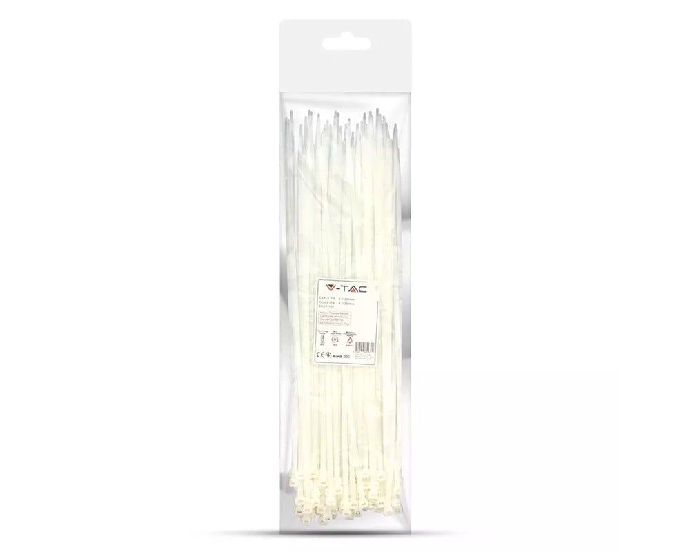 Coliere de plastic zimtat, plastic, 2.5 mm x 200 mm, albe, 100 bucati, V-TAC SKU-11163