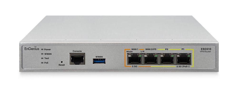 VPN Router, 4 porturi 2.5-Gigabit (1x PoE+), Quad-core 1.6 GHz, EnGenius ESG510