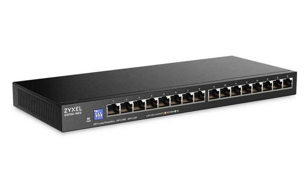 Switch retea desktop Zyxel GS1100-16ES-EU0101F, 16 porturi Gb RJ45, fara management, design compact, DIP switch