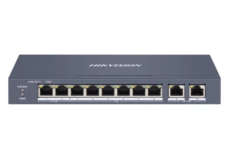 Switch 8 porturi PoE 10/100 Mbps + 2 GB porturi RJ45, Smart Manger, Hi-PoE, Carcasa metal, IP40, Hikvision DS-3E1310HP-EI