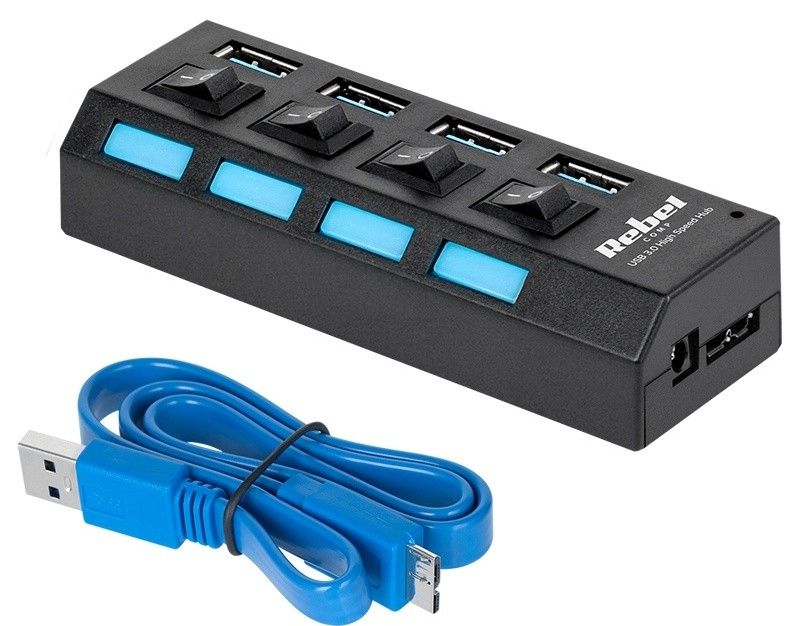 Hub USB Rebel, 4 porturi, transfer 5 Gb/s, Plug & Play, negru, KOM0940