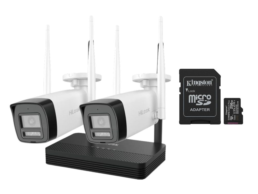 Kit supraveghere IP wireless Hikvision HiLook, camere exterior 2MP, NVR 4 canale si card microSD cadou, IKS-2042BH-PH/W+SDCS3/256GB