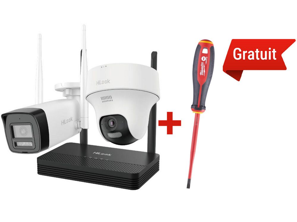Kit supraveghere IP wireless 2 camere, 2MP, NVS si surubelnita VDE Tri-Lobe gratuita, Hikvision HiLook IKS-2042BTH-PH/W + 4932478716