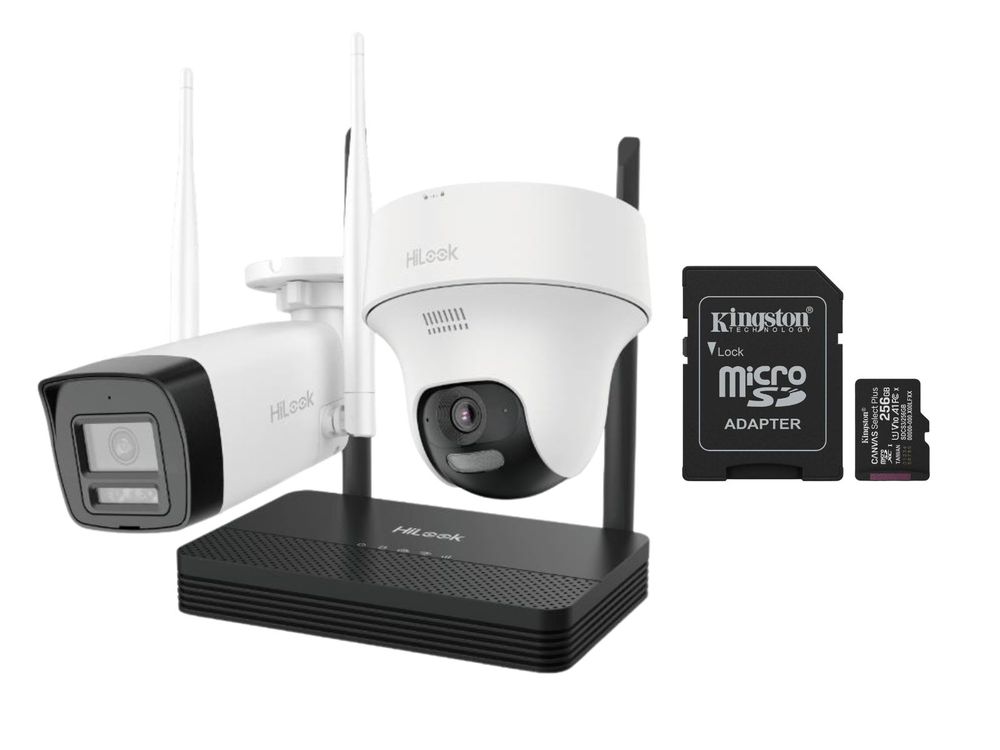 Kit supraveghere IP wireless Hikvision HiLook, camere 2MP, NVS 4 canale si card microSD cadou, IKS-2042BTH-PH/W+SDCS3/256GB