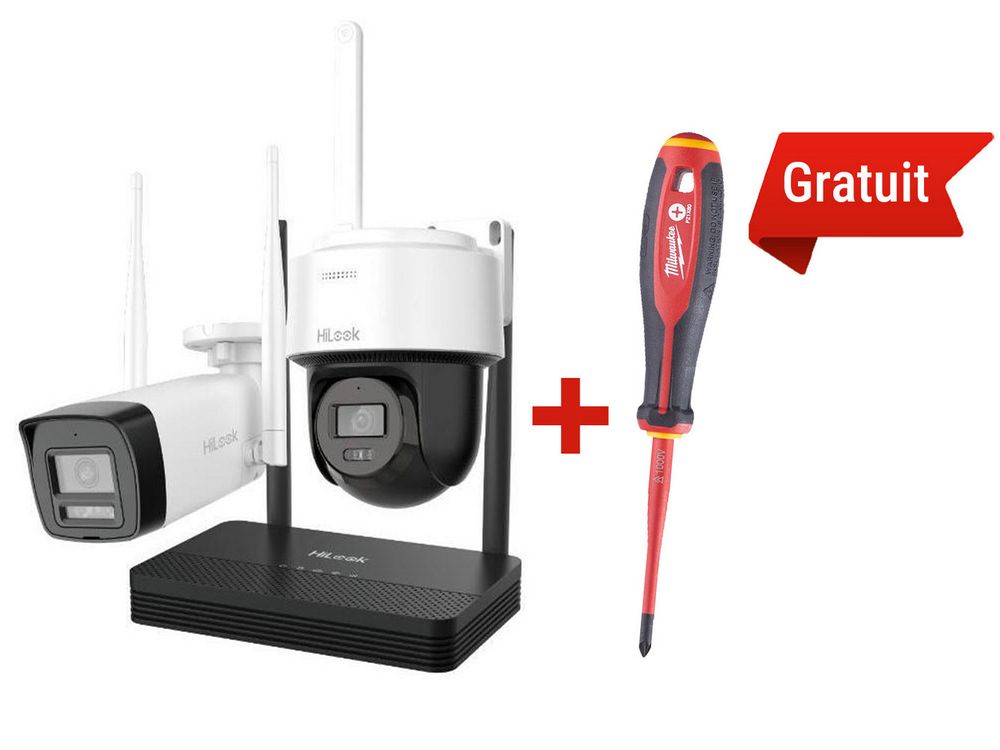 Kit supraveghere IP wireless 2 camere, 4MP, NVS si surubelnita VDE Tri-Lobe gratuita, Hikvision HiLook IKS-2044BPH-PH/W + 4932478725