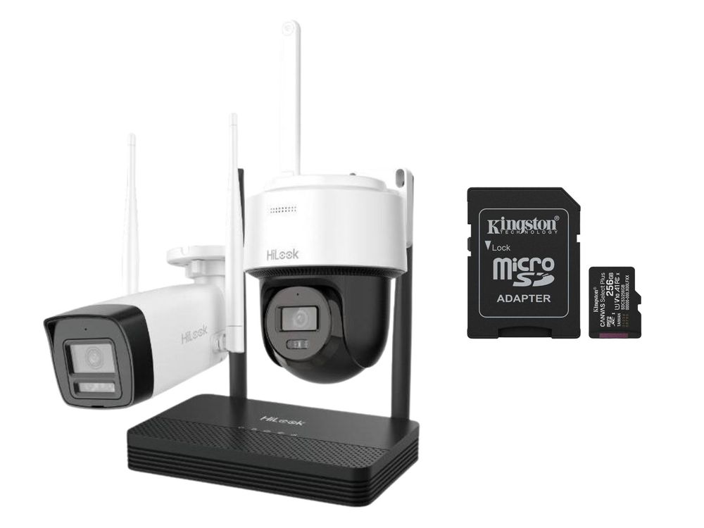 Kit supraveghere IP wireless Hikvision HiLook, 2 camere de 4MP, NVS si card microSD 256GB cadou, IKS-2044BPH-PH/W+SDCS3/256GB
