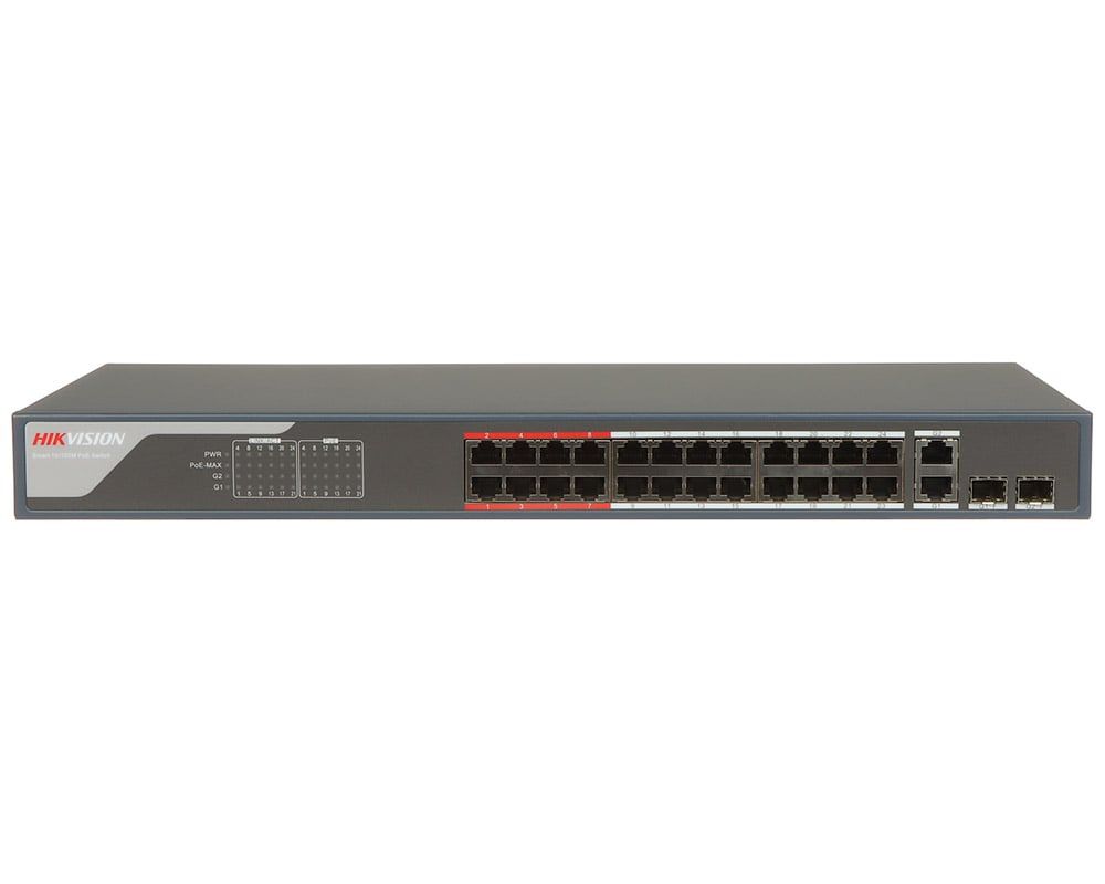 Switch PoE 28 porturi, Hikvision DS-3E1326P-EI, 24x RJ45 PoE 100 Mbps, 2x uplink Gigabit, 2x porturi SFP, 370 W, SMART Management