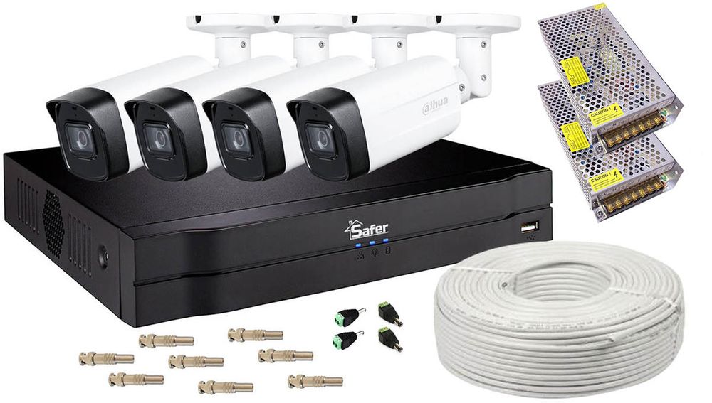 Kit 4 camere, bullet, 5 MP (2K+), 3.6mm, IR 80 metri si accesorii, KITFULL5MPEXT80M