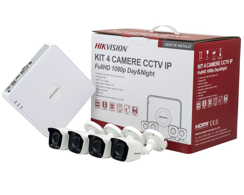 KIT supraveghere video, 4 camere Bullet IP 2MP cu NVR 4 canale, HDD 1TB - HIKVISION, NK42N0H-1T(SG)
