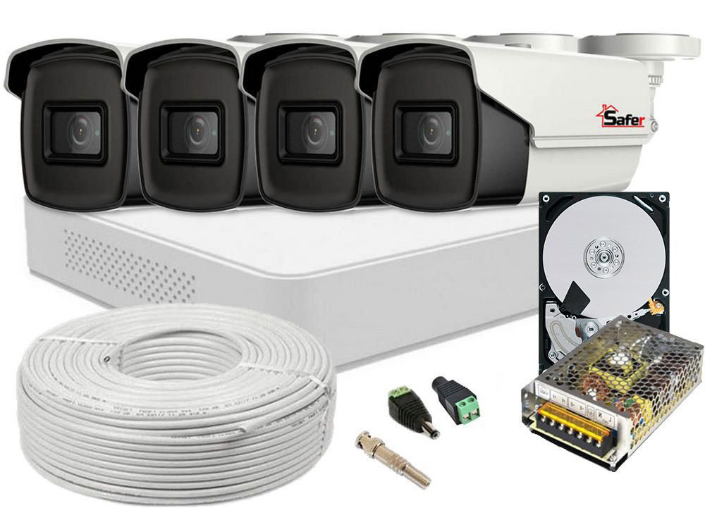 Kit supraveghere video Safer complet, 4 camere de 5 MP cu IR 40m, DVR 4 canale, HDD 2TB, SAF-4X5MPIR40ACHQ-2TB