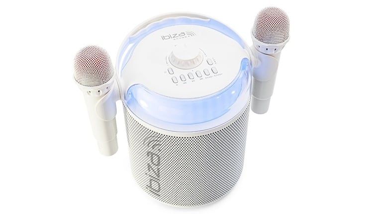 Boxa karaoke 120W, 4 inch/10cm, Ibiza Sound KARAHOME-WH, Bluetooth, USB, microSD, AUX, Coax, 2x microfoane 2.4 GHz, baterie 3.7V 4000mAh
