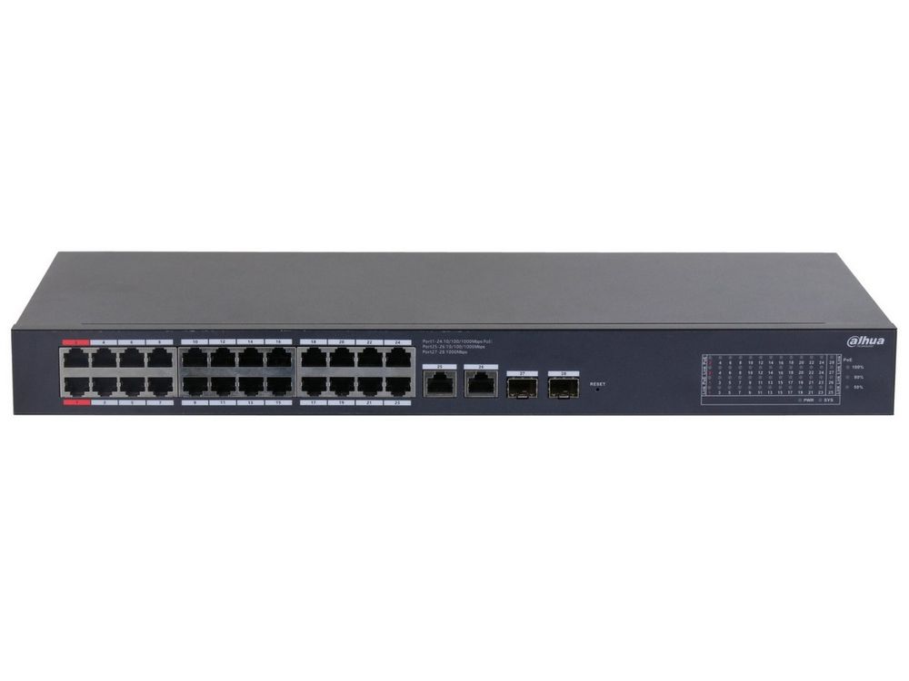 Switch 28 porturi, Dahua CS4228-24GT-240, 24x porturi PoE Gigabit, 2x RJ45 Gigabit uplink, 2x SFP Gigabit, Smart Managed, Watchdog