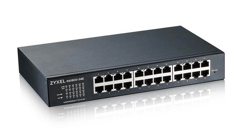 Switch retea Gigabit Zyxel GS1900-24E-EU0103F, 24 porturi RJ45, cu management Smart, Layer 2, fara ventilator, montare in rack 1U, VLAN, QoS