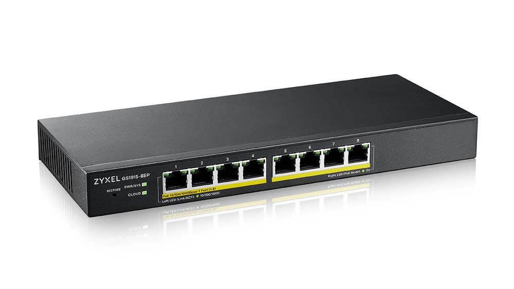 Switch retea PoE Zyxel GS1915-8EP-EU0101F, 8 porturi Gigabit, PoE+ 60W, management inteligent L2, NebulaFlex