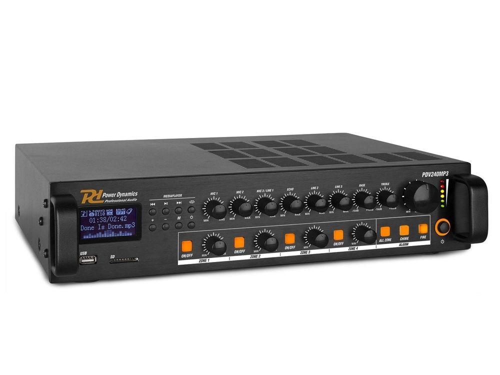 Amplificator cu mixer, 100V, 240W, impedanta 8 ohm, 4  zone, Bluetooth, USB, SD, Power Dynamics PDV240MP3
