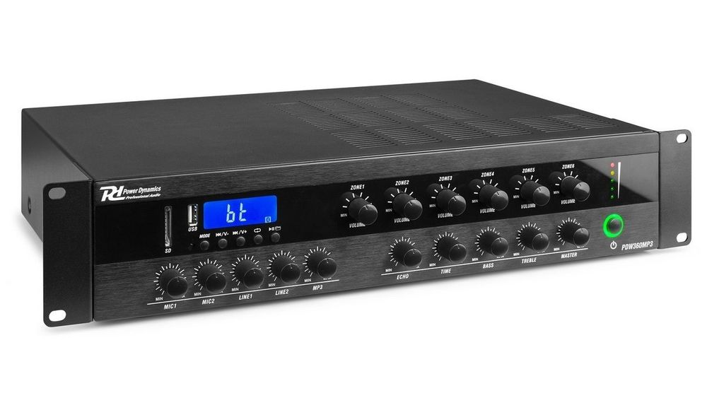 Amplificator 6 zone, Power Dynamics PDW360MP, 200W RMS, 100V, 16 Ohm, 4 Ohm, 70V, 8 Ohm, Bluetooth, radio FM, SD, USB