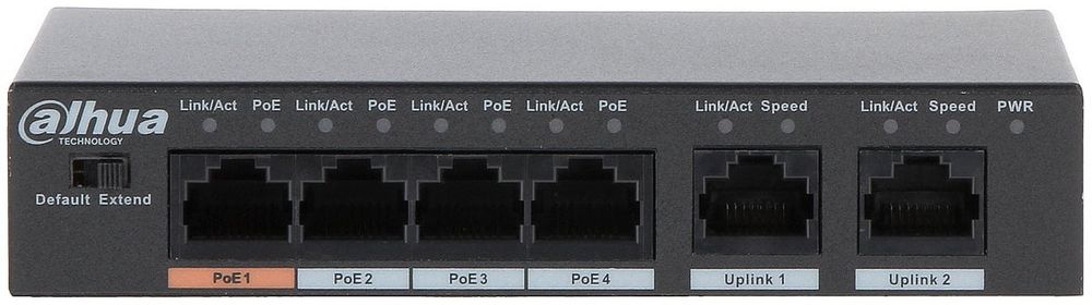 Switch PoE Dahua Eco Series 6 canale, 4x porturi PoE 10/100 Mbps + 2x porturi Gigabit, Hi-PoE, putere maxima 60W, PFS3006-4GT-60-V2