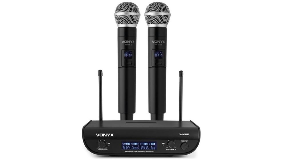Set 2 microfoane wireless si receptor UHF, 2 canale, jack 6.35mm, Vonyx WM82