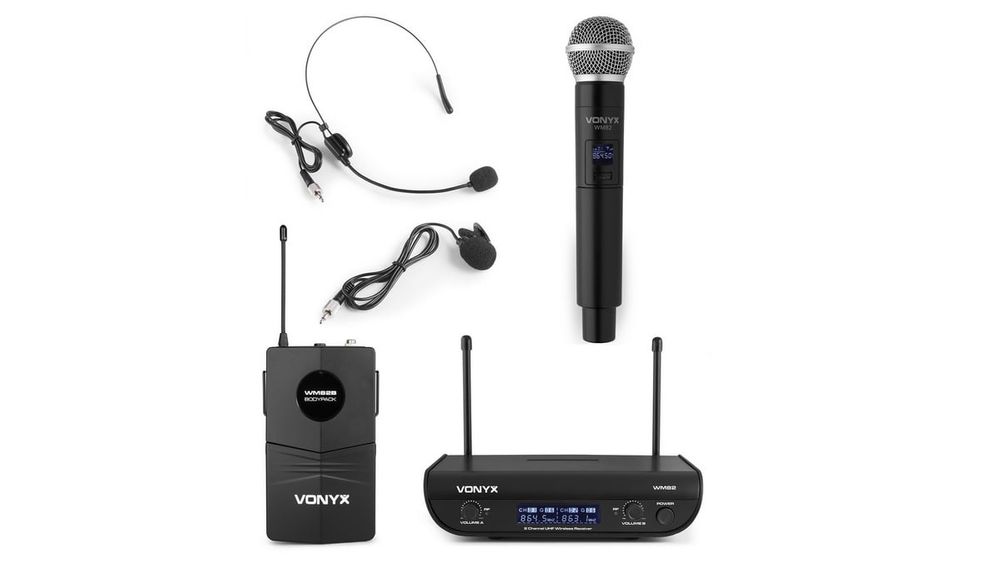 Microfon fara fir UHF VONYX WM82C, 2 canale, 1 microfon de mana, geanta