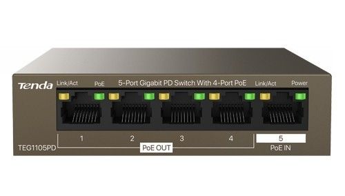 Switch 5 porturi 10/100/1000Mbps, 4 porturi PoE OUT, 1 port PoE IN, 30W, protectie 6kV, Tenda TND-TEG1105PD