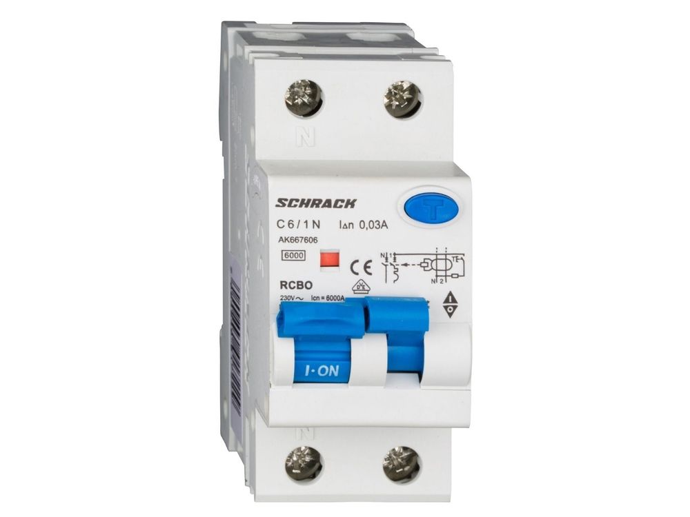 Siguranta automata diferentiala Schrack AMPARO AK667606, 1P+N, 6A, curba C, 30mA, tip A, 6kA, 230/400V AC, IP20
