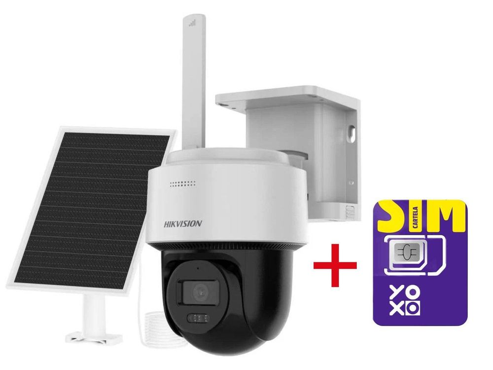Camera de supraveghere cu cartela SIM 4G inclusa, Wireless, Panou solar si Acumulator, HiLook, IPC-CFSP4/4G-YOXO, Rotativa, Urmarire automata