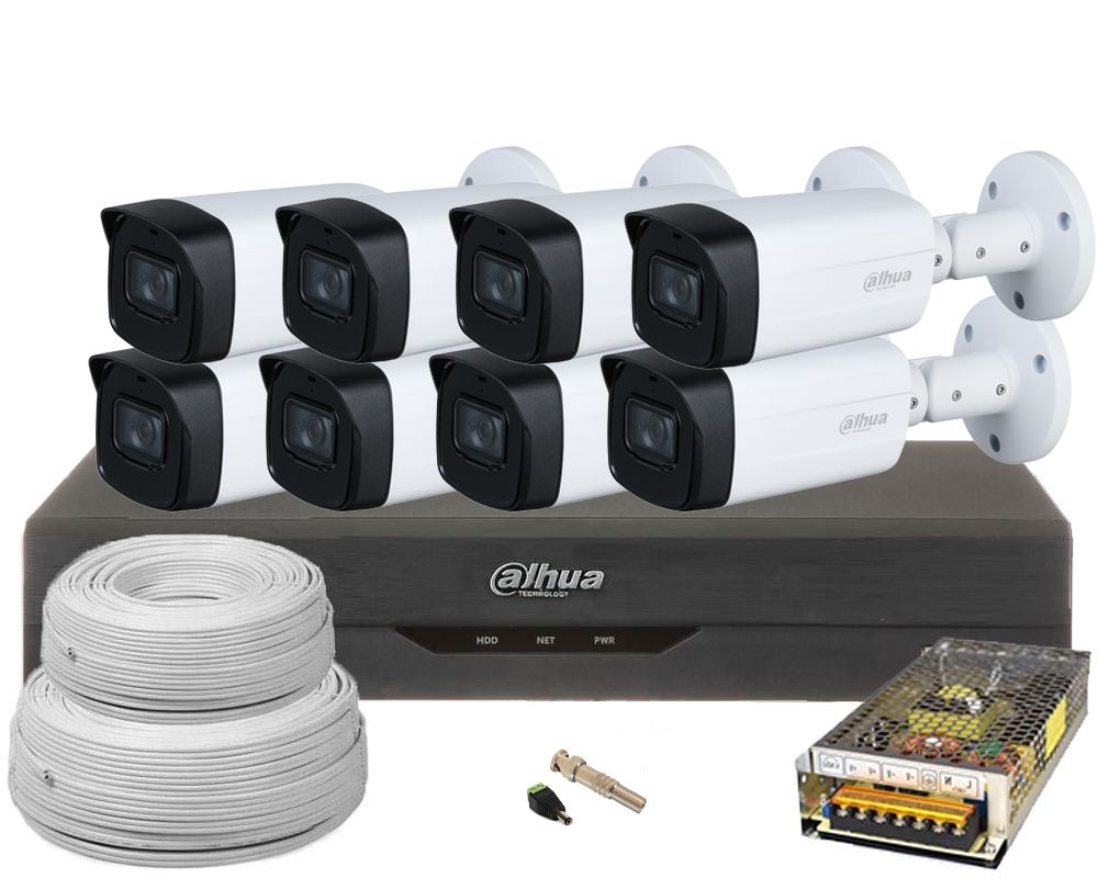 Kit supraveghere video 8 camere de exterior, 5MP 2K, IR 80M, lentila 3.6mm, Dahua KIT8FHD-DAH200-1