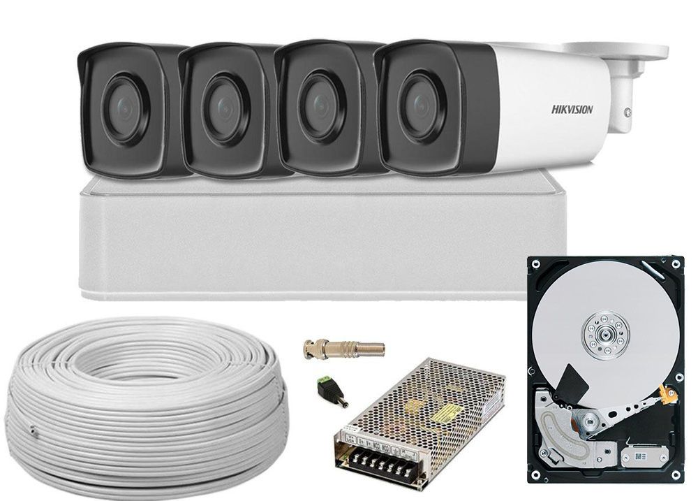 Kit complet cu 4 camere de exterior, Full HD, 3.6mm, IR 80m, DVR 4 canale, Hikvision KIT4HIKFHD80