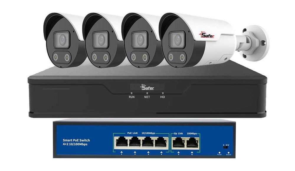 Kit supraveghere video Safer, 4 camere Full Color 2MP, LED 30m, NVR 4 canale 8 MP, Switch 4 porturi PoE, SAF-4XNVRSP4MP-2