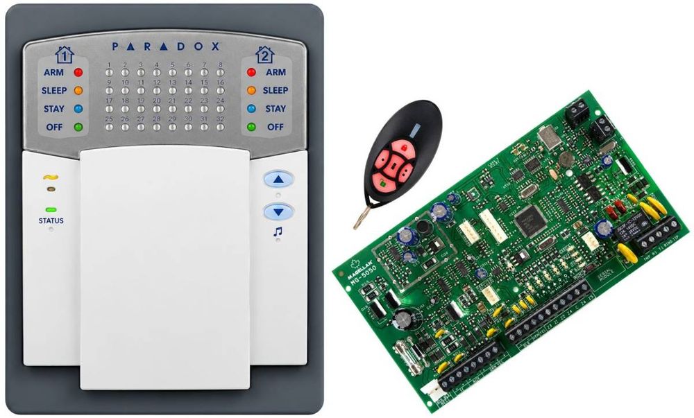 Kit alarma locuinta Paradox Magellan MG5050+REM25+K32+, centrala, 5 zone, tastatura LED 32 zone, telecomanda bidirectionala 433MHz