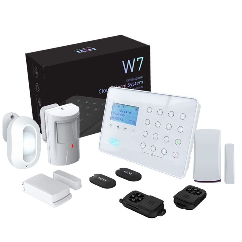 Kit alarma wireless antiefractie Heyi cu detector de miscare tip perdea si contact magnetic, comunicare 3G/4G, Wi-Fi, suport 32 zone, KIT-HEYI-W7-DC