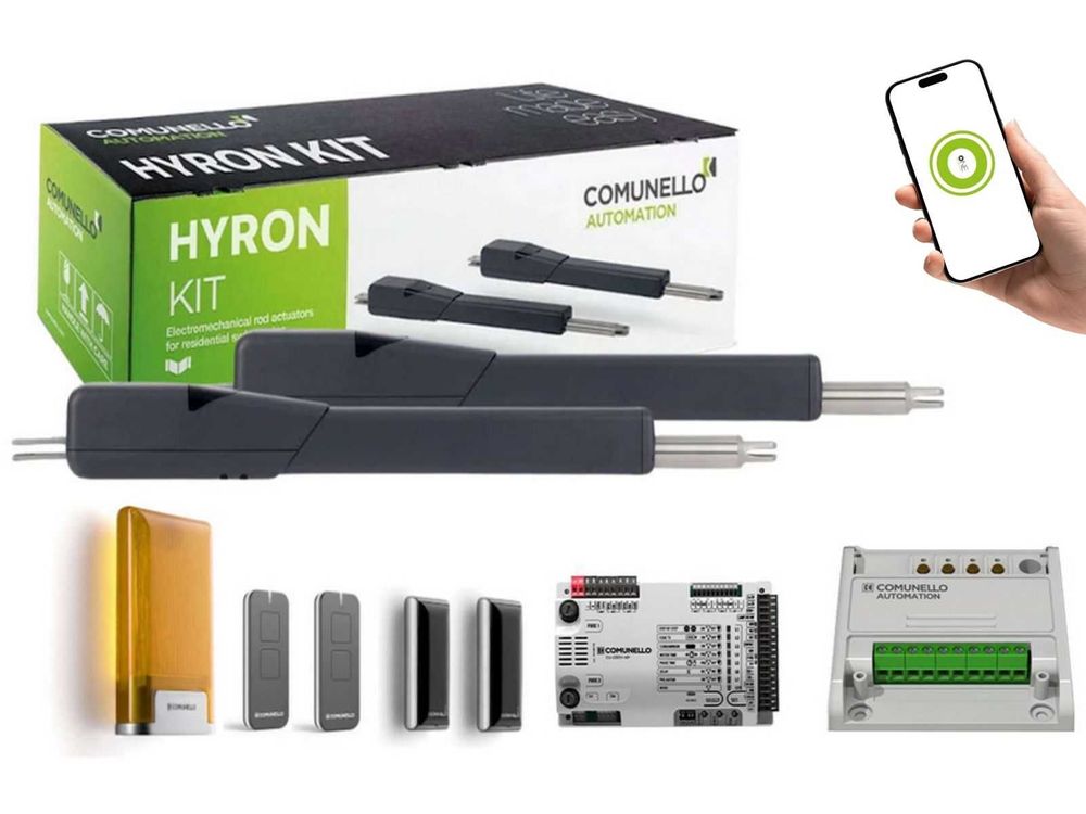 Kit automatizare porti batante Comunello Hyron 300 230V, 2x3m, 2x400kg cu unitate de control, comunicare radio si Wi-Fi, HYRON300230AC950