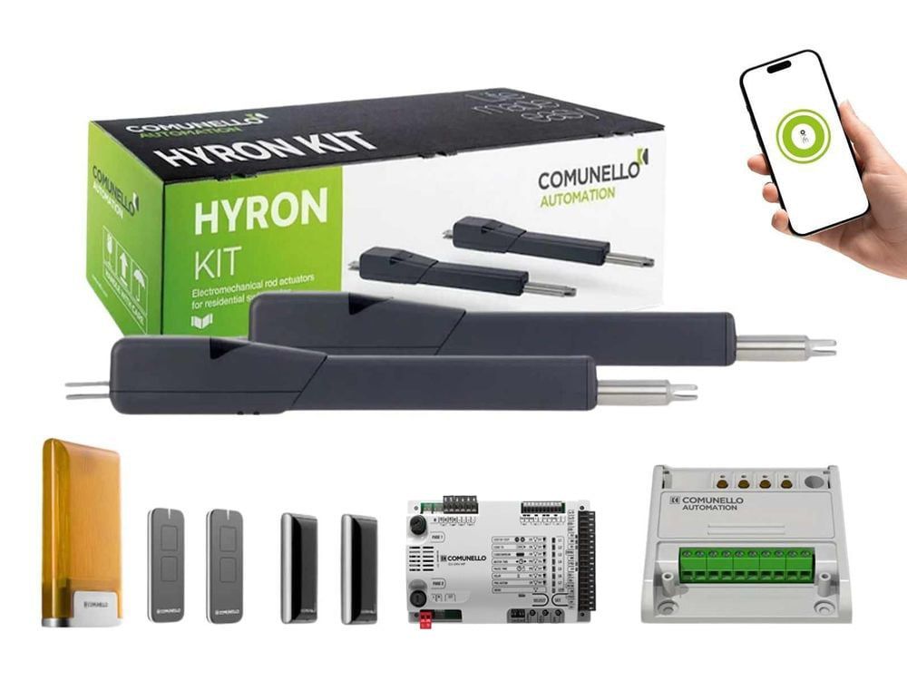 Kit automatizare porti batante Comunello Hyron 300 24V, 2x3m, 2x400kg cu unitate de control, comunicare radio si Wi-Fi, HYRON30024AC950