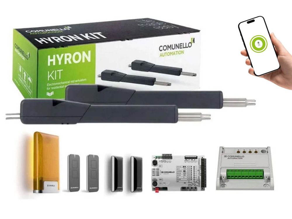 Kit automatizare porti batante Comunello Hyron 500, 24V, 2x5m, 2x500kg, comunicare radio si Wi-Fi, HYRON50024AC950