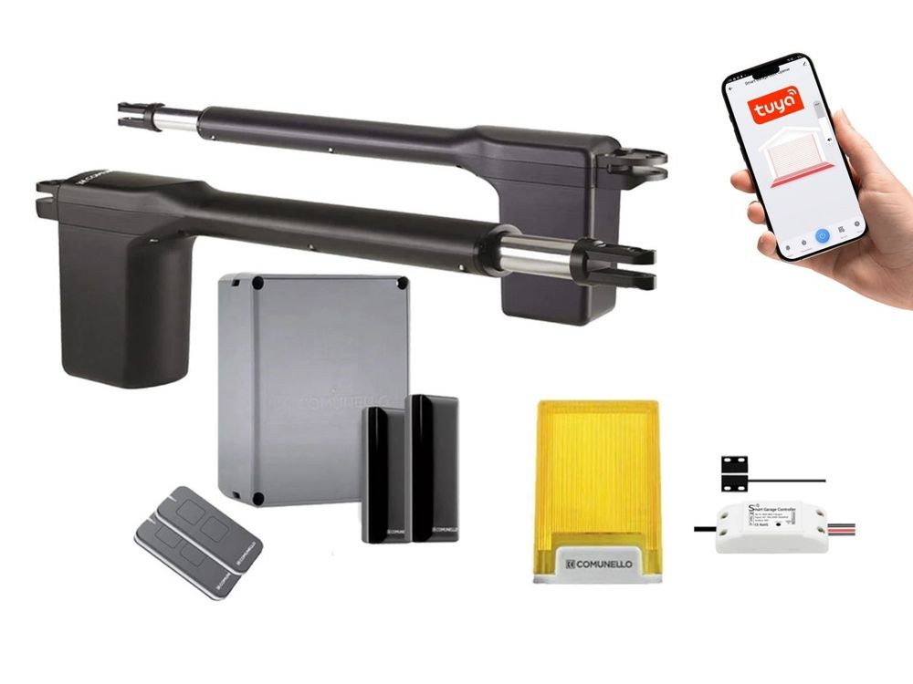 Kit automatizare porti batante Comunello RAM 300 24V, 2x3m, 2x400kg, cu releu wireless, aplicatie Tuya, RAM30024RHGD03