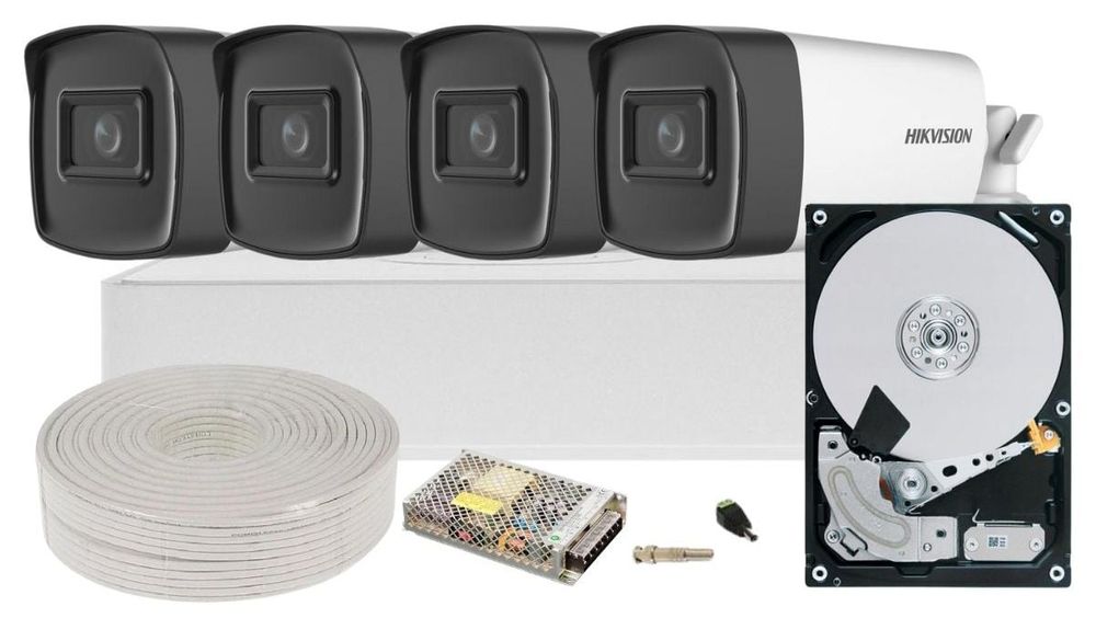 Kit complet de supraveghere, 4 camere de 5MP, IR 80m, DVR Hikvision 5 in 1, HDD 1TB si accesorii, KIT4X5MP80ACC-HIK