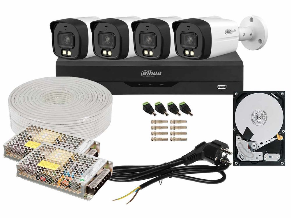 Kit complet de supraveghere exterior, 4 camere 2MP, infrarosu 40M, lentila 3.8mm, Dahua KIT4X2MPEXT80-SAF-I2