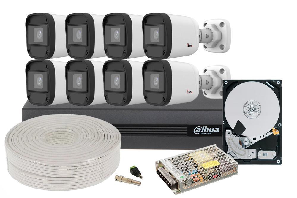 Kit de supraveghere 8 camere exterior 2MP, IR 20 metri, XVR 8 canale, Accesorii si Hard Disk 2TB, Dahua XVR8X2MP-ACC-HDD