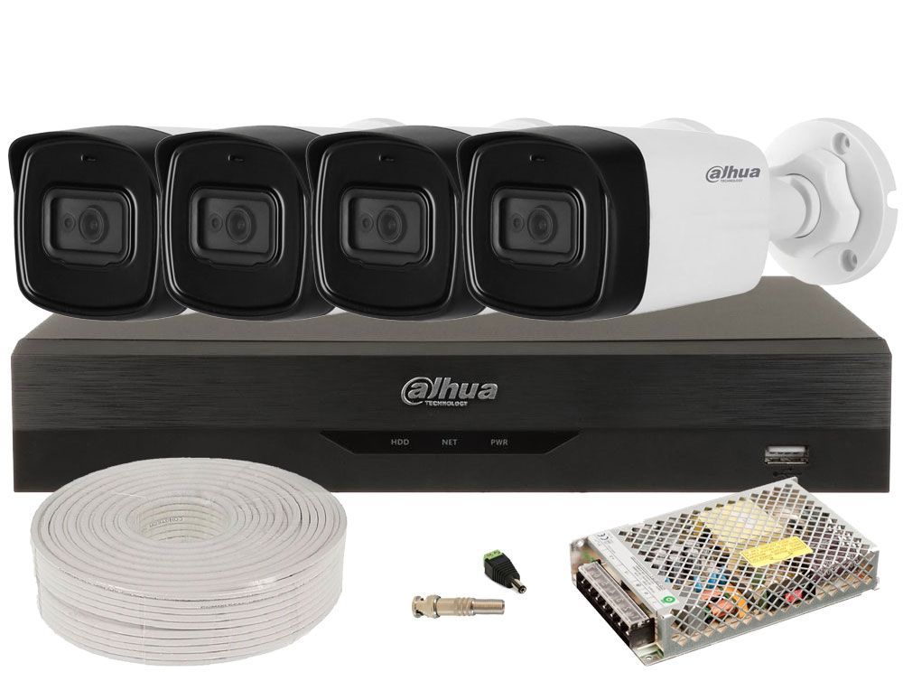 Kit de supraveghere exterior, 2MP, IR 80m, 4 camere cu audio si DVR, DAHUA, KITDAH2MP80EXTACC-A