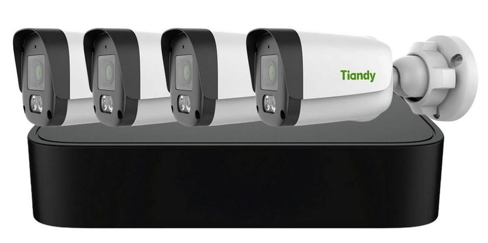 Kit de supraveghere AK Tiandy, 4 camere 4MP, 2.8mm, IR 30m, PoE, Microfon, IP67, NVR 4 canale, KIT-TN4MPAK