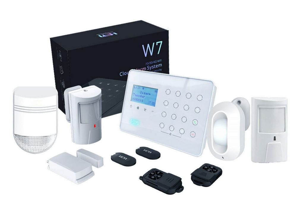 Kit sistem de alarma Wireless antiefractie, 3G/4G, Wi-Fi, 2 zone, 1x sirena exterior, 1x senzor miscare, 1x detector miscare tip perdea, Heyi KIT-HEYI-W7-DSS