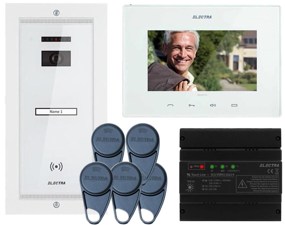 Kit videointerfon Electra, 1 familie, monitor 7 inch, montaj ingropat, 5 x taguri, alb