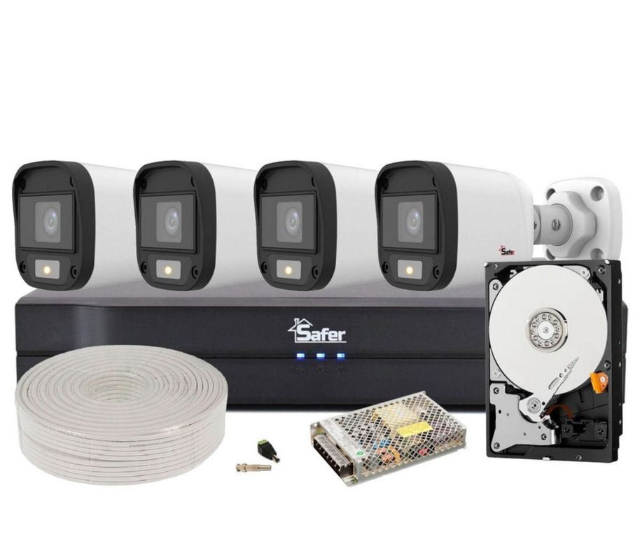 Kit supraveghere complet, 4 camere Full HD, DVR 4 canale cu AI, HDD, - GATA DE INSTALARE, KITSAF2MPSAF-M-1TB