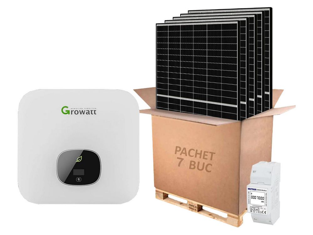 Kit invertor rezidential monofazat 3kW, Wi-Fi, 7 panouri fotovoltaice, 1 contor inteligent, Growatt KIT-MIC 3000-TL-X-panou