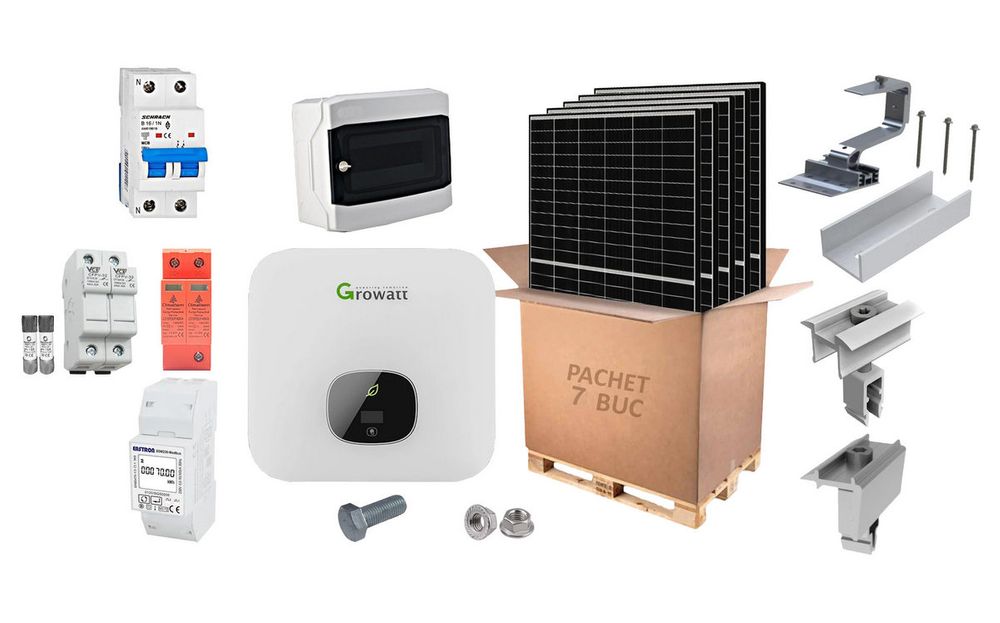 Sistem fotovoltaic complet, invertor On-Grid monofazat 3kW, 7 panouri fotovoltaice, Smart meter, accesorii de prindere, Growatt KIT-MIN-3000-TL-XE(AFCI)